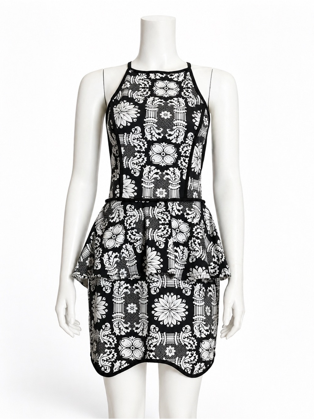 Black & White Peplum Print Halter Dress